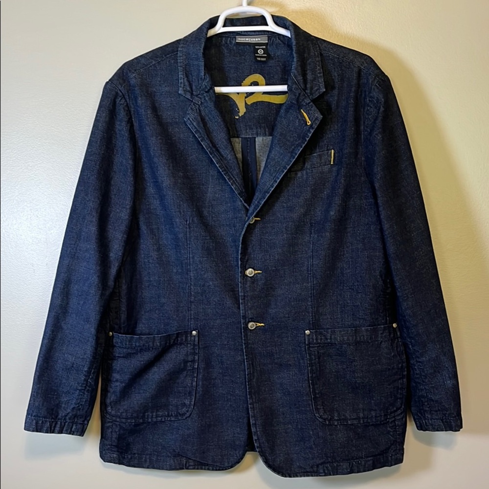 Rocawear Dark Blue Denim Blazer Yellow Stitching Excellent Condition Sz 3XL